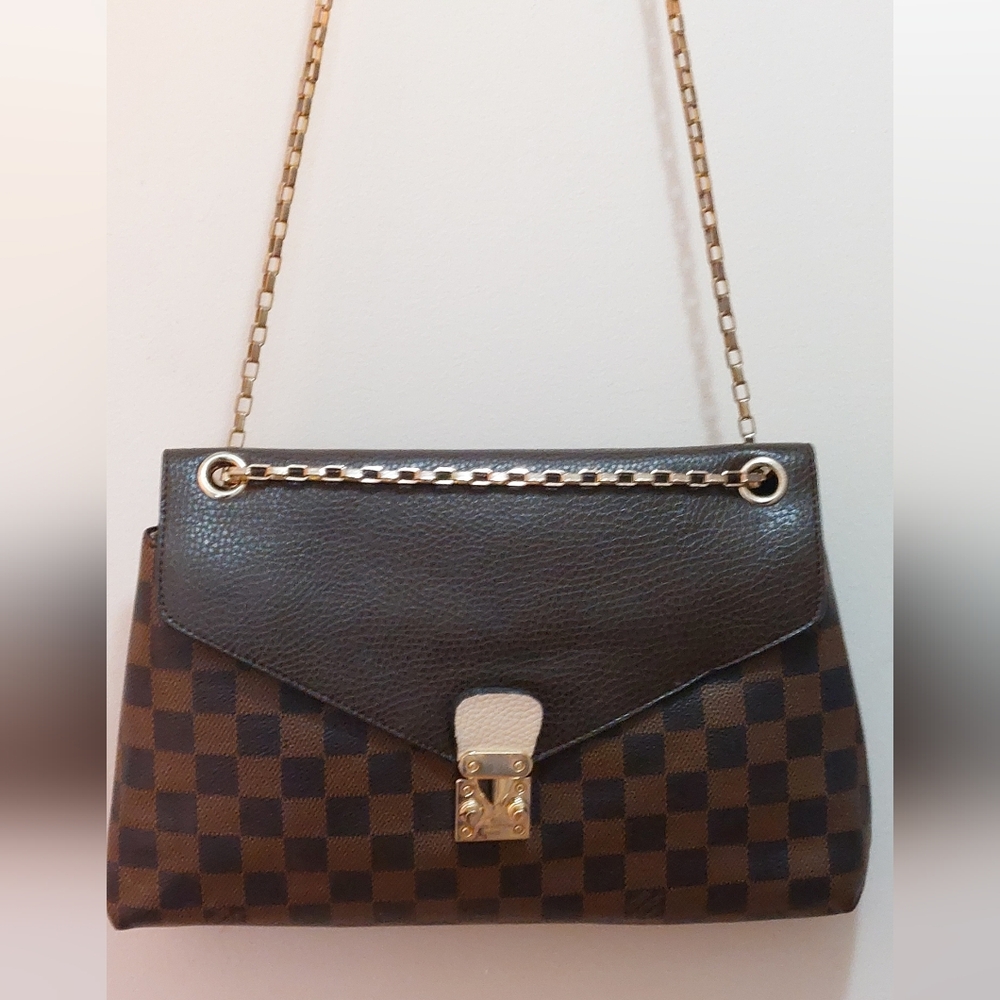 SALE Louis Vuitton Damier Ebene  Checkerboard Pattern Bag/Brown  Flap Gold Strap